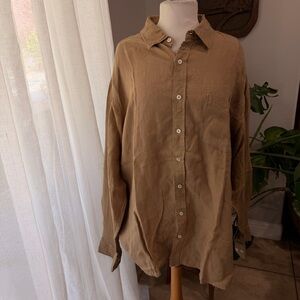 Alto Moda 100% Linen Khaki Button Up Shirt Size 2 Relaxed Fit